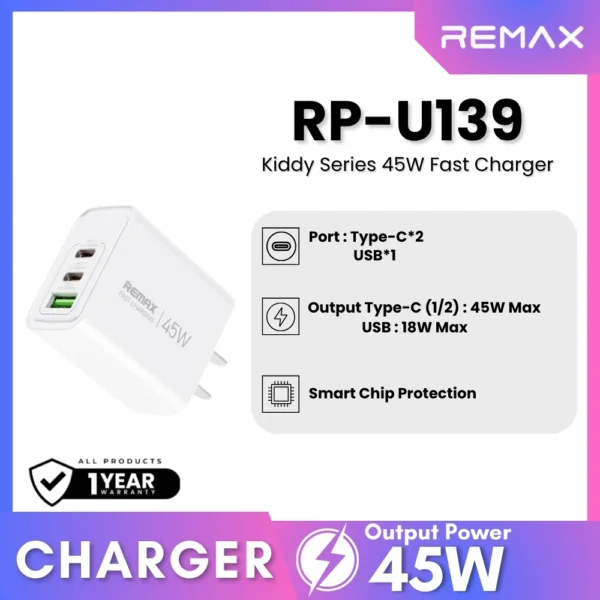 Remax RP-U139 Kiddy Series 45W Fast Charging Head (2 USB-C PD Ports + 1 USB-A QC Port) – White