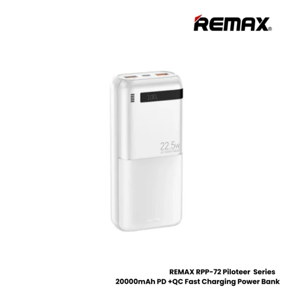 Remax Power Bank – RPP-72 Piloteer Series, 20000mAh capacity, supports PD+QC fast charging (20W PD + 22.5W QC) – White