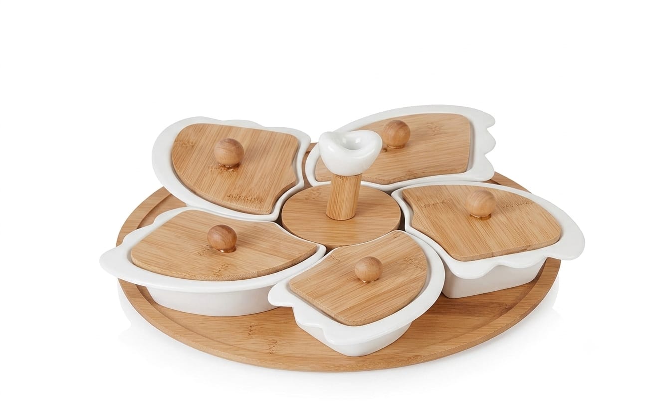 WhatsApp Image 2026-09-20 at 3.41.36 PM 6-piece divided serving set with a wooden base - Image 1